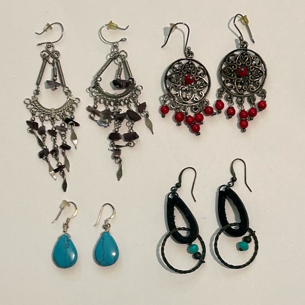 Bundle of 4 earrings boho chandelier dangly turquoise Gypsy artisan festival